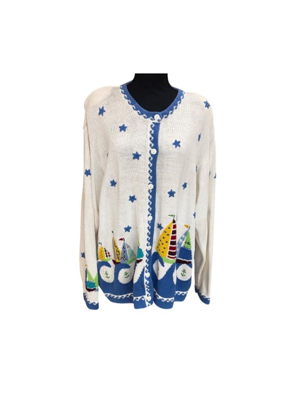Vintage Quacker Factory 90s Y2K XXL Star Sailboat Cardigan Sweater Knit Cozy